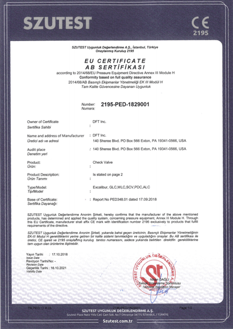 PED Certificate | DFT Valves | DFT® Inc